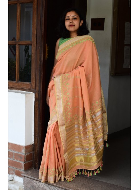 Orange, Handwoven Organic Cotton, Textured Weave , Hand Embroidery, Occasion Wear, Jari, Chikankari Saree